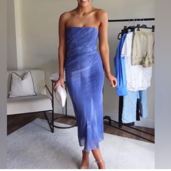 New Zara Strapless Tie Dye Tulle Fitted Midi Blue Purple Dress Large 8324/453 - Picture 6 of 6